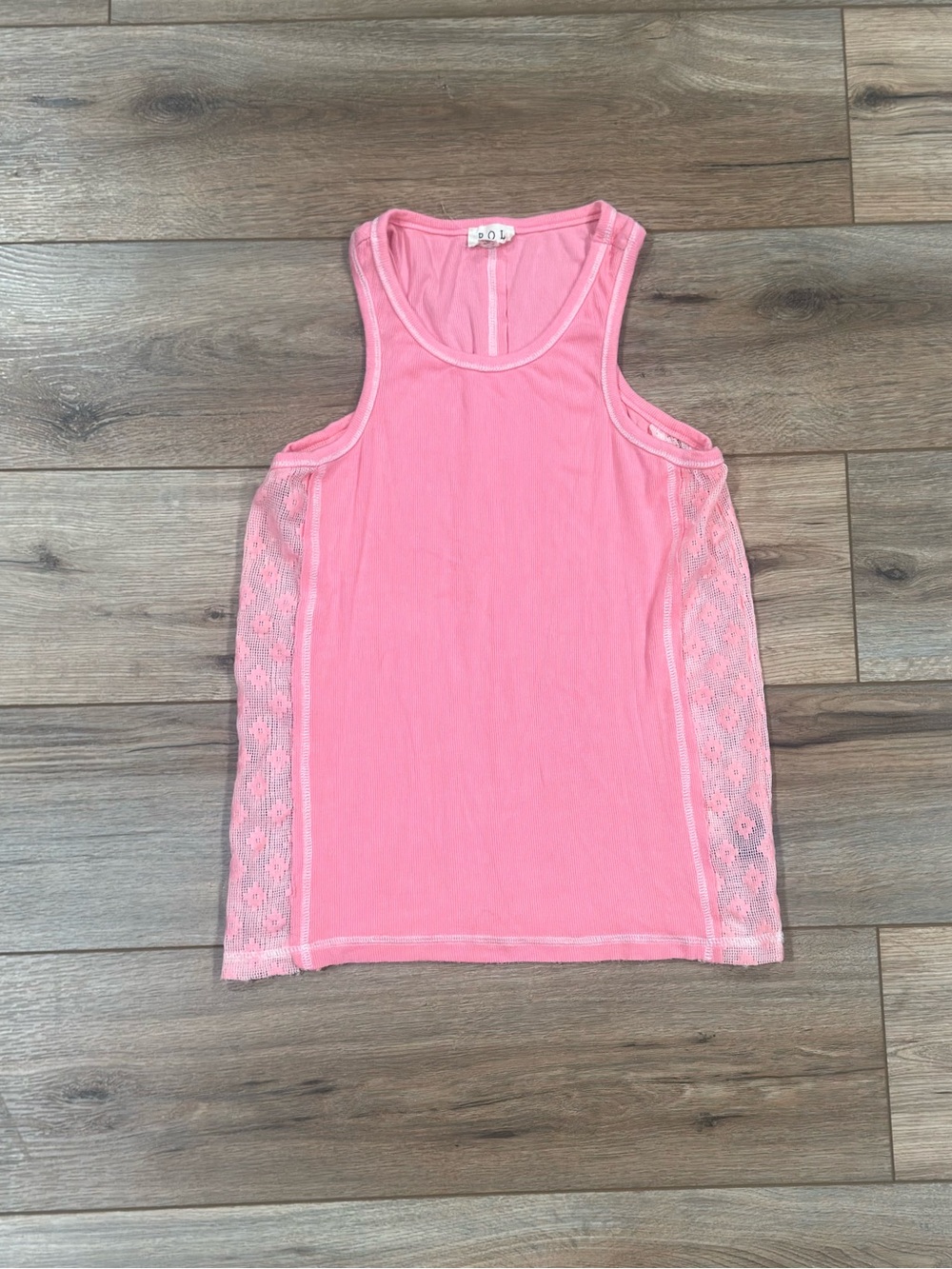 POL Baby Pink Lace Trim Ribbed Knit Tank Top Festival Coquette | Size Large